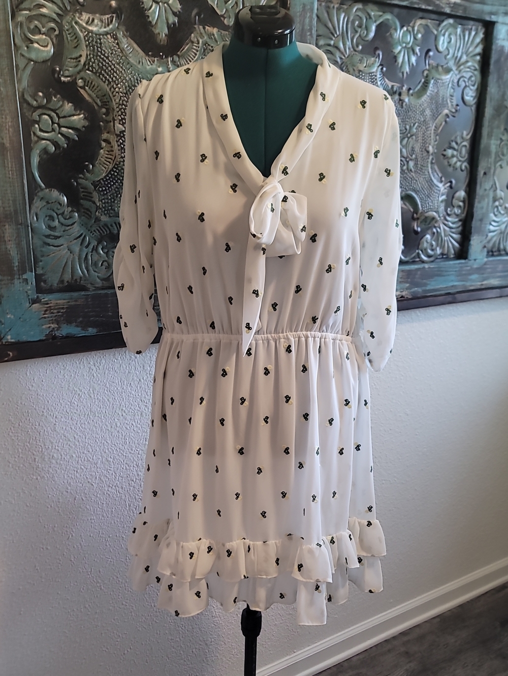 CeCe Cream Mini Dress with Black Floral Motif